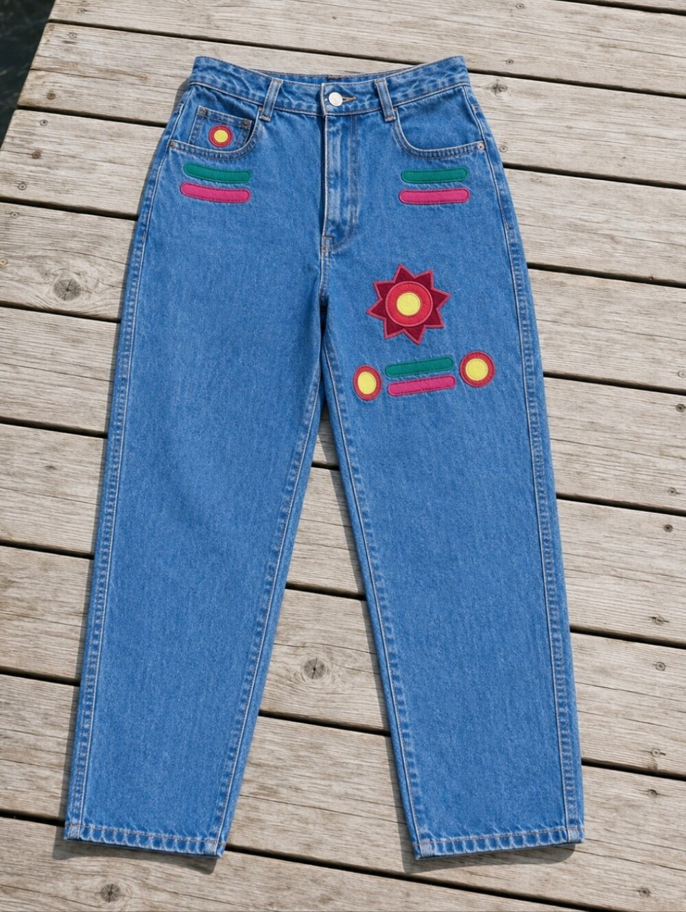 Boom Boom Jeans Blue Colorful Embroidered High-Waist Tapered Mom W27 L30